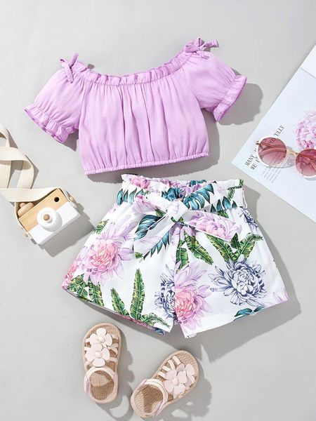 clothing sets kids baby girls summer clothes set purple off-the-shoulder floral short pants 2pcs sunset outfit, White
clothing sets kids baby girls summer clothes set purple off-the-shoulder floral short pants 2pcs sunset outfit, White