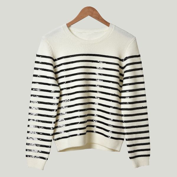 2021 autumn fall long sleeves round neck white solid color knitted panelled striped sequins pullover style sweater women fashion knits m182, White;black
2021 autumn fall long sleeves round neck white solid color knitted panelled striped sequins pullover style sweater women fashion knits m182, White;black