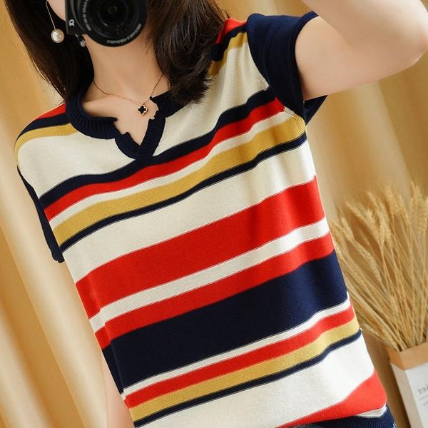 summer fashion pure cotton linen striped t-shirt women' short-sleeved knitted v-neck base shirt plus size all-match women's, White
summer fashion pure cotton linen striped t-shirt women' short-sleeved knitted v-neck base shirt plus size all-match women's, White