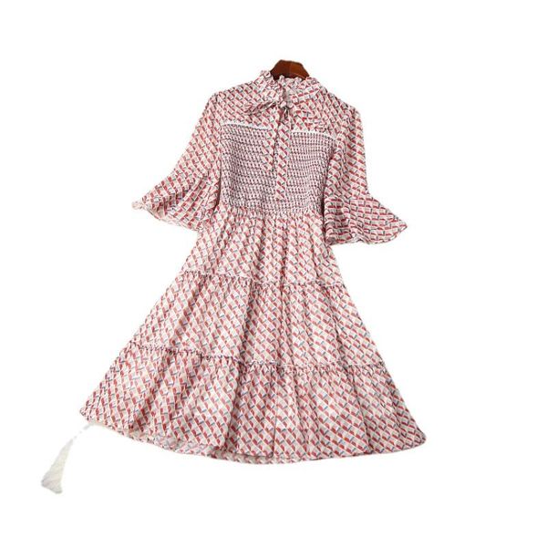 party dresses 2021 five quarter sleeve bow neck print fashion pleated dress european and american women's wear for spring women, White;black
party dresses 2021 five quarter sleeve bow neck print fashion pleated dress european and american women's wear for spring women, White;black