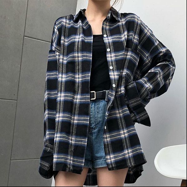 autumn women womens shirt long plaid blouse casual korean style cotton sleeve black female turn down collar, White
autumn women womens shirt long plaid blouse casual korean style cotton sleeve black female turn down collar, White