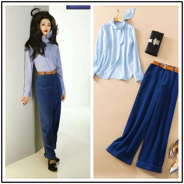 2021 spring women's clothing liu shishi same long sleeve lace up fashion shirt + corduroy wide leg pants suit, Black;white
2021 spring women's clothing liu shishi same long sleeve lace up fashion shirt + corduroy wide leg pants suit, Black;white