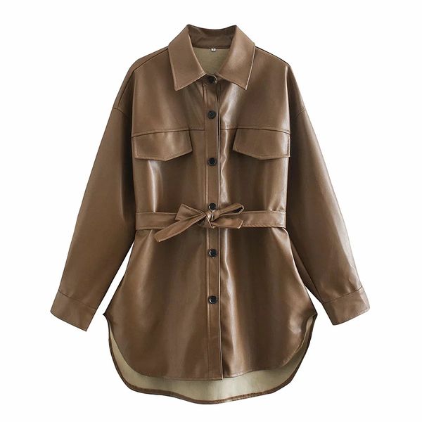 fashion women's imitation leather shirt jacket with belt long-sleeved cardigan button street clothing 210521, Black;brown
fashion women's imitation leather shirt jacket with belt long-sleeved cardigan button street clothing 210521, Black;brown