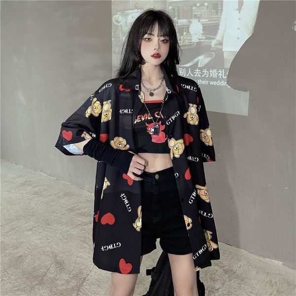 women's blouses & shirts summer women short-sleeved shirt harajuku style dark black polyester vintage bear love printing wild loose 666, White
women's blouses & shirts summer women short-sleeved shirt harajuku style dark black polyester vintage bear love printing wild loose 666, White