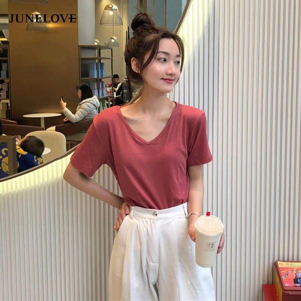 women's t-shirt junelove summer korean solid color pure cotton t-shirts female vintage casual short sleeve v-neck slim tee, White
women's t-shirt junelove summer korean solid color pure cotton t-shirts female vintage casual short sleeve v-neck slim tee, White