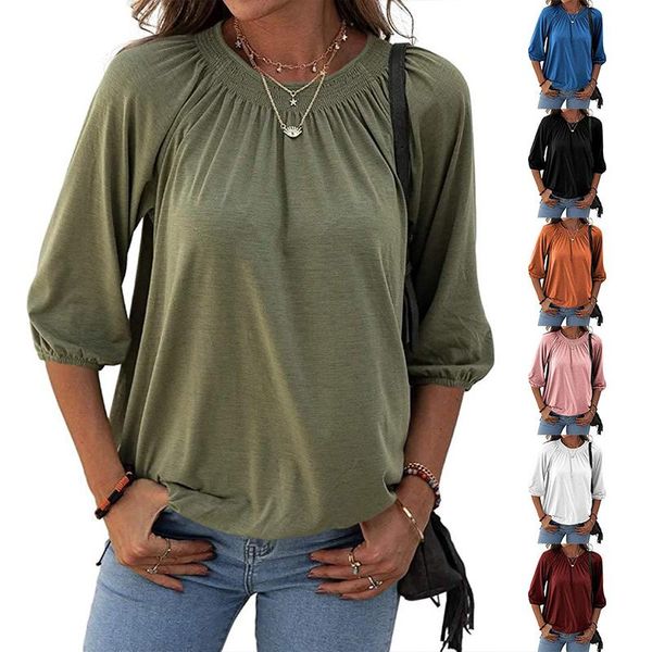 women's t-shirt 2021 autumn fashion solid color three-quarter sleeve round neck casual loose pullover clothing, White
women's t-shirt 2021 autumn fashion solid color three-quarter sleeve round neck casual loose pullover clothing, White