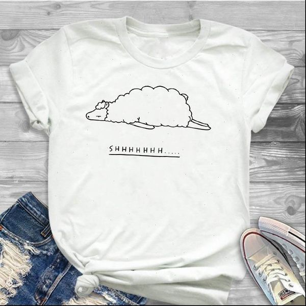 lazy sheep printed women t shirts short sleeve loose tee clothes, White 
lazy sheep printed women t shirts short sleeve loose tee clothes, White