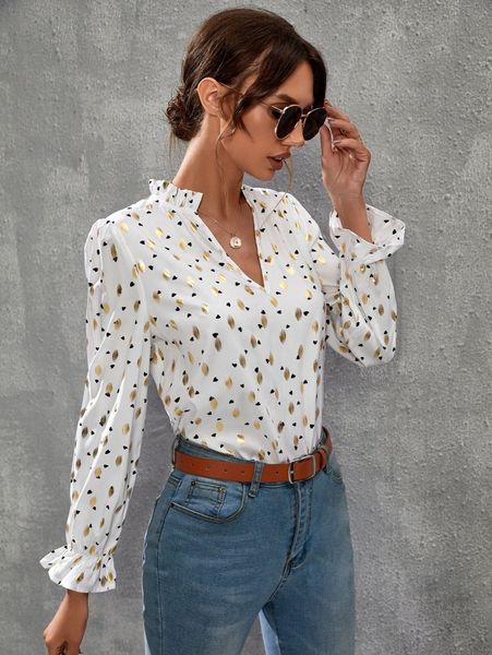 notch neck gold dot blouse u9zh#, White