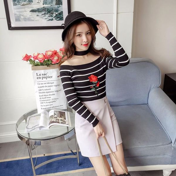 women's sweaters 2021 womens slash neck striped embroidery flower pullovers slim long sleeve jumpers, White;black
women's sweaters 2021 womens slash neck striped embroidery flower pullovers slim long sleeve jumpers, White;black