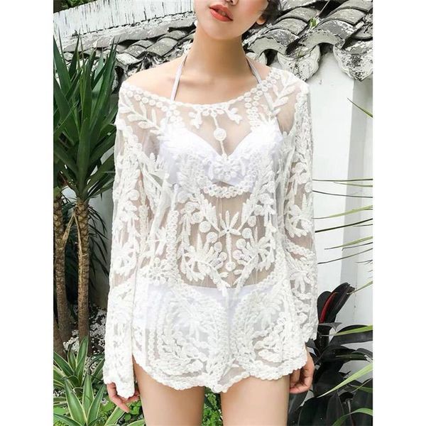 women's swimwear women lace crochet bikini cover up long sleeve mesh summer beach smock sunscreen banadores mujer 2021, White;black
women's swimwear women lace crochet bikini cover up long sleeve mesh summer beach smock sunscreen banadores mujer 2021, White;black