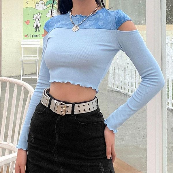 women's t-shirt sweet ribbed open shoulder ruffles hem crop k- fashion o-neck long sleeve tie dye blue streetwear, White
women's t-shirt sweet ribbed open shoulder ruffles hem crop k- fashion o-neck long sleeve tie dye blue streetwear, White