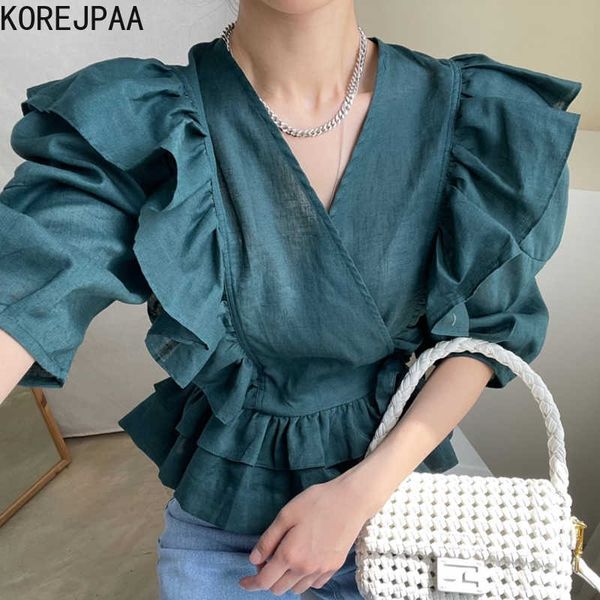 korejpaa women shirt summer korean chic retro temperament v-neck ruffled stitching design side tie waist puff sleeve blouse 210526, White
korejpaa women shirt summer korean chic retro temperament v-neck ruffled stitching design side tie waist puff sleeve blouse 210526, White