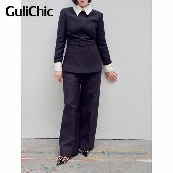 women's two piece pants 7.16 gulichic contrast color with belt shirt blouse or wide leg fashion casual set women, White
women's two piece pants 7.16 gulichic contrast color with belt shirt blouse or wide leg fashion casual set women, White