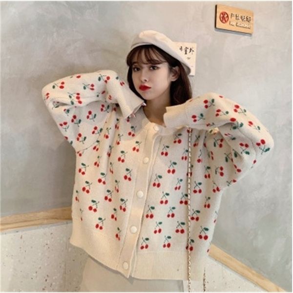 spring and autumn fashion casual cherry knitted cardigan women loose sweater cotton 210427, White;black
spring and autumn fashion casual cherry knitted cardigan women loose sweater cotton 210427, White;black
