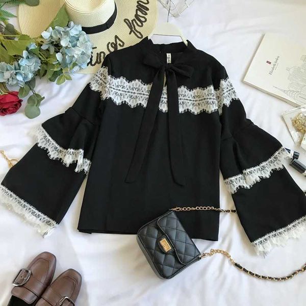 women fashion long sleeved blouses stand chiffon lace patchwork shirts office lady flare sleeve 210601, White
women fashion long sleeved blouses stand chiffon lace patchwork shirts office lady flare sleeve 210601, White