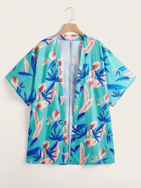 plus plant print kimono x1e7#, Black