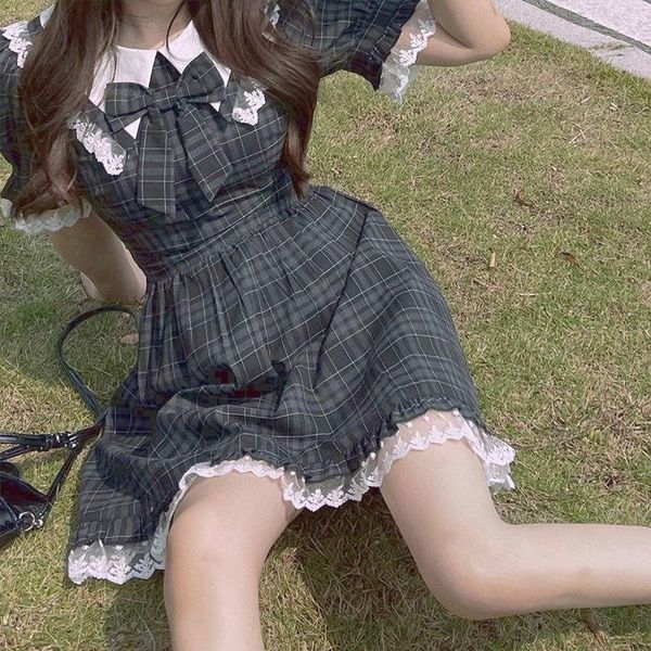 party dresses kawaii sweet plaid lace dress female japanese lolita bow o-neck bubble sleeve holiday mini for women summer 2021, White;black
party dresses kawaii sweet plaid lace dress female japanese lolita bow o-neck bubble sleeve holiday mini for women summer 2021, White;black