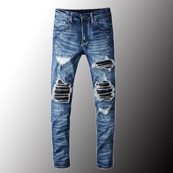 men's jeans minglu luxury pu leather patchwork ripped biker patch slim skinny stretch denim pants plus size 40, Blue
men's jeans minglu luxury pu leather patchwork ripped biker patch slim skinny stretch denim pants plus size 40, Blue