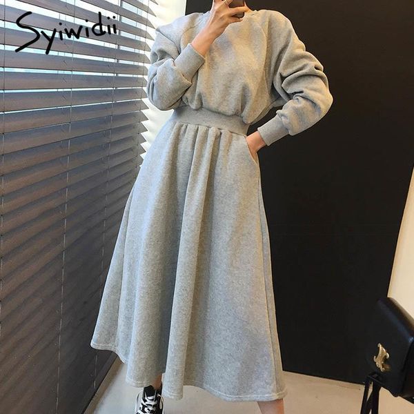 casual dresses syiwidii velvet dress for woman fall winter 2021 korean long sleeve o neck pockets a line elastic waist sweatshirts midi, Black;gray
