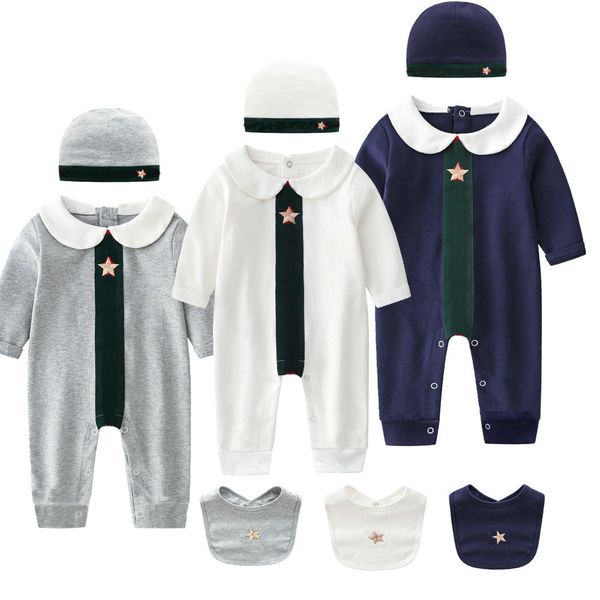 

100%cotton Top Quality Kids Stripes Rompers Baby Boy Girl 1-2 Years Newborn Classic Red Green Luxury Newborn Long Sleeve Jumpsuit Hat Bibs 3 Piece Set, Blue