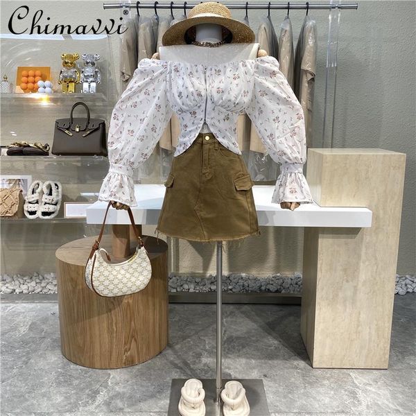 women's blouses & shirts floral bell sleeve slimming for women double zipper long chiffon shirt female off shoulder short corset top, White
women's blouses & shirts floral bell sleeve slimming for women double zipper long chiffon shirt female off shoulder short corset top, White