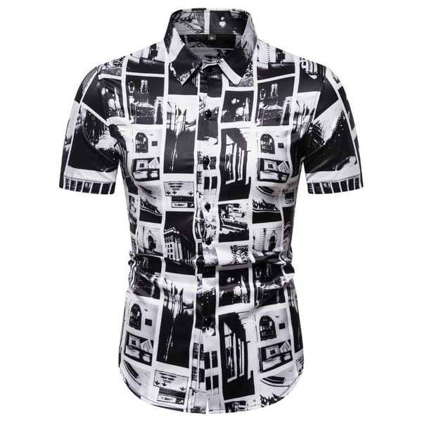 social shirt men personality pattern stitching print short sleeve male korean style lapel blouse summer arrival men's casual shirts, White;black
social shirt men personality pattern stitching print short sleeve male korean style lapel blouse summer arrival men's casual shirts, White;black