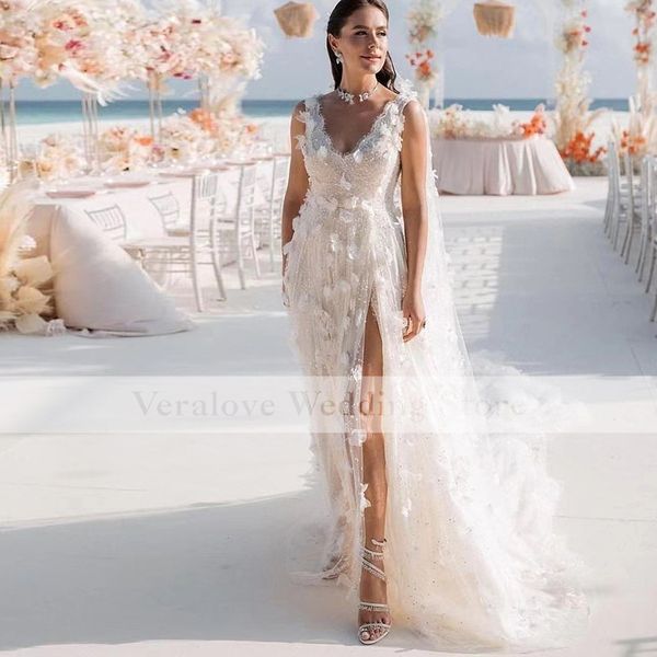 2022 a line wedding dress foral flowers split beach boho sparkly bridal party gowns with warp robe de mariee, White
2022 a line wedding dress foral flowers split beach boho sparkly bridal party gowns with warp robe de mariee, White