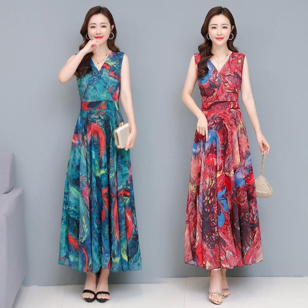 summer dress women style noble chiffon sleeveless printed big swing beach clothes size green red casual dresses, Black;gray
summer dress women style noble chiffon sleeveless printed big swing beach clothes size green red casual dresses, Black;gray