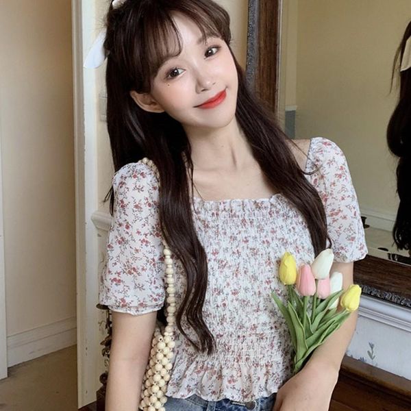 women's blouse summer floral print square collar sweet girls short sleeve chiffon fashion blouses & shirts, White
women's blouse summer floral print square collar sweet girls short sleeve chiffon fashion blouses & shirts, White