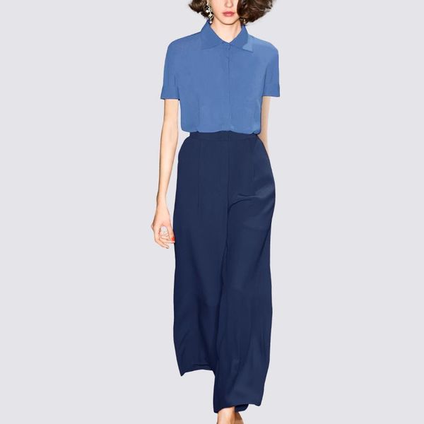 women's two piece pants light mature style wide-leg suit 2021 summer fashion short-sleeved shirt two-piece temperament, White 
women's two piece pants light mature style wide-leg suit 2021 summer fashion short-sleeved shirt two-piece temperament, White
