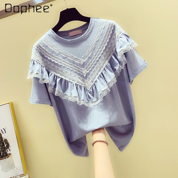 women's t-shirt 2021 summer korean loose western style lace patchwork ruffled short sleeve round neck women, White
women's t-shirt 2021 summer korean loose western style lace patchwork ruffled short sleeve round neck women, White