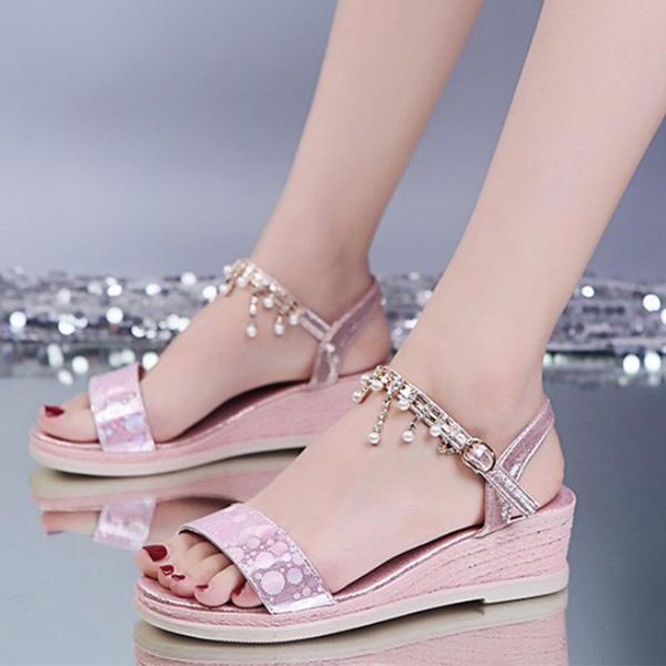 wedge sandals pearls women summer platform shoes ladies open toe pink outside female soft pu comfortable 2021, Black
wedge sandals pearls women summer platform shoes ladies open toe pink outside female soft pu comfortable 2021, Black
