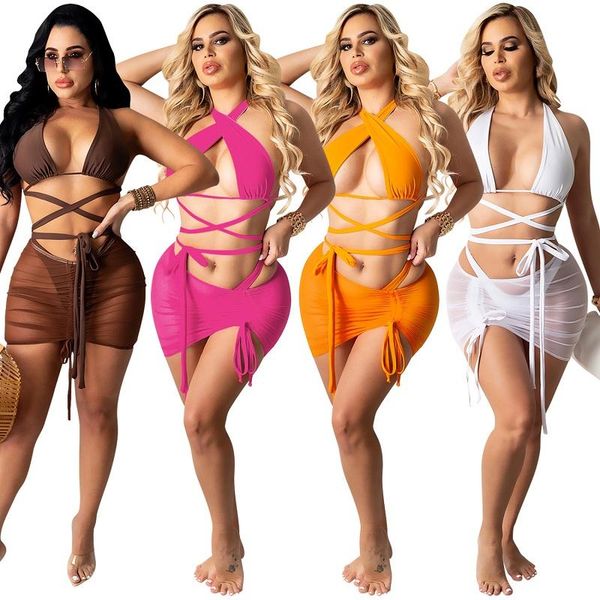 women's swimwear 2021 3pcs/set beachwear women bandage bikini set+ mini mesh skirt cover-ups bathing suit cover up set, White;black
women's swimwear 2021 3pcs/set beachwear women bandage bikini set+ mini mesh skirt cover-ups bathing suit cover up set, White;black