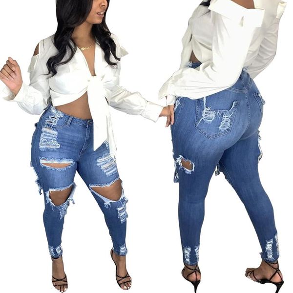 women's jeans women denim high waist all-match pocket ripped holes pencil pants, Blue