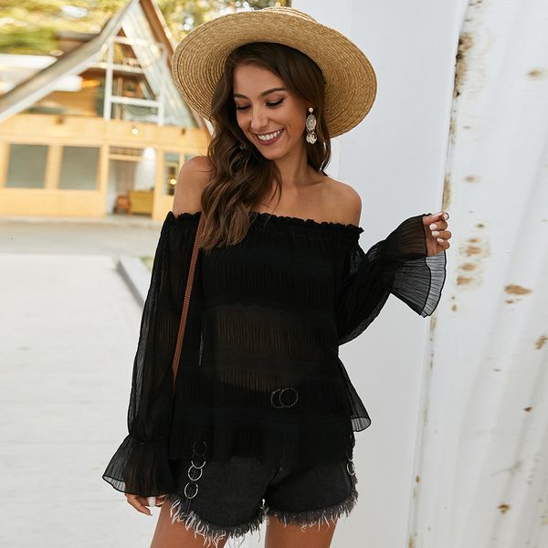 blouses black slash neck transparent women chiffon summer spring long sleeve ruffles shirts female blouse, White
blouses black slash neck transparent women chiffon summer spring long sleeve ruffles shirts female blouse, White