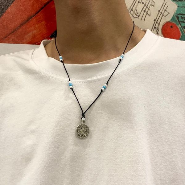pendant necklaces shixin vintage chain coin for men adjustable black rope with blue white beads fashion jewelry, Silver
pendant necklaces shixin vintage chain coin for men adjustable black rope with blue white beads fashion jewelry, Silver
