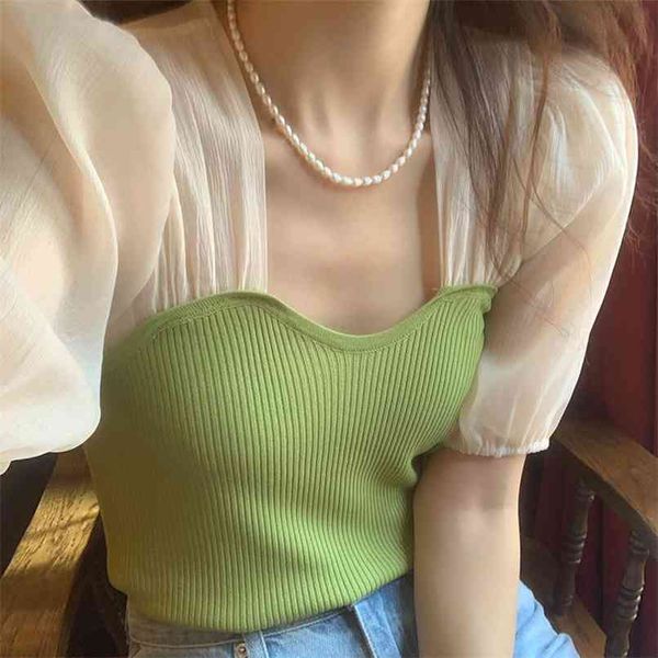 south korean chic summer retro square collar hit color stitching body bubble sleeve fake two-piece knitwear 210529, White
south korean chic summer retro square collar hit color stitching body bubble sleeve fake two-piece knitwear 210529, White