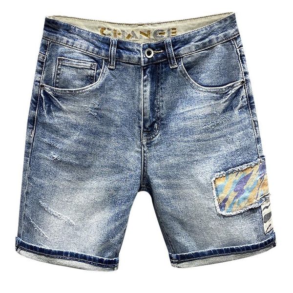 men's jeans summer patchwork denim shorts casual loose patch design ripped knee length breeches, Blue
men's jeans summer patchwork denim shorts casual loose patch design ripped knee length breeches, Blue