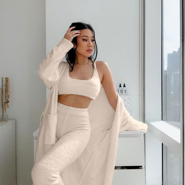 women's two piece pants louaee foreign autumn and winter fashion plush lace-up long three-piece suit with belt bathrobe home service ja, White
women's two piece pants louaee foreign autumn and winter fashion plush lace-up long three-piece suit with belt bathrobe home service ja, White
