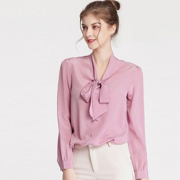 100% silk women's shirt bow collar long sleeves elegant casual high street blouse blouses & shirts, White
100% silk women's shirt bow collar long sleeves elegant casual high street blouse blouses & shirts, White
