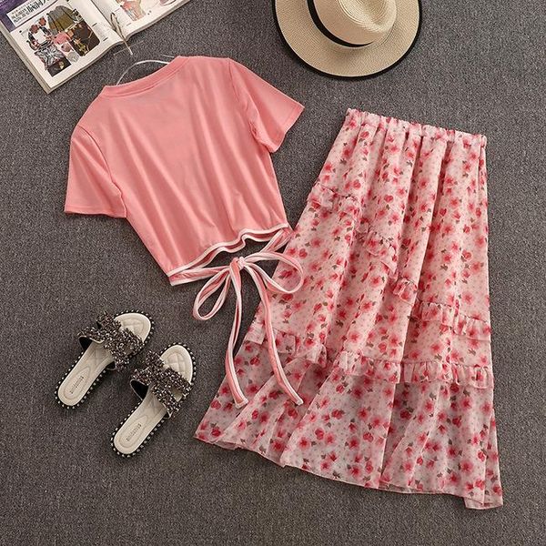 sweet and thin chiffon floral skirt two-piece suit summer 2021 female 0503 two piece dress, White