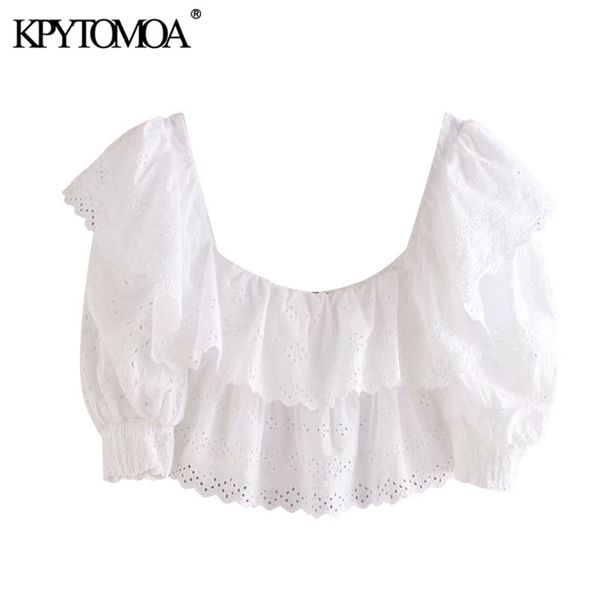 women fashion cutwork embroidery ruffles cropped blouses vintage puff sleeve elastic trim female shirt chic 210420, White
women fashion cutwork embroidery ruffles cropped blouses vintage puff sleeve elastic trim female shirt chic 210420, White