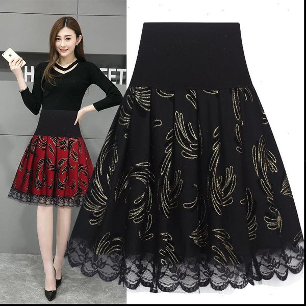women skirt summer high waist pleated skirts vintage black printing stitching lace midi large size faldas largas mujer f157
women skirt summer high waist pleated skirts vintage black printing stitching lace midi large size faldas largas mujer f157