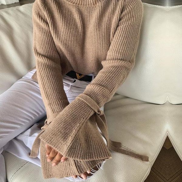 women's sweaters round neck solid color slim-fit trumpet sleeve strap casual khaki crop retro autumn knit long-sleeved sweater, White;black
women's sweaters round neck solid color slim-fit trumpet sleeve strap casual khaki crop retro autumn knit long-sleeved sweater, White;black