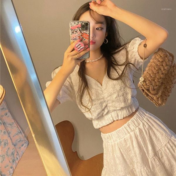 women two piece outfits pleated v-neck hollow out blouse embroidered puff sleeve shirt + high waist a-line mini skirt dress, White
women two piece outfits pleated v-neck hollow out blouse embroidered puff sleeve shirt + high waist a-line mini skirt dress, White