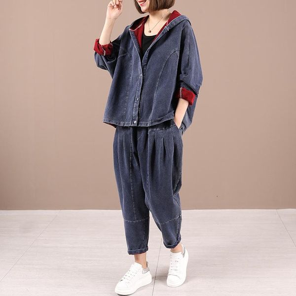 women's two piece pants korean sets blue denim hooded pieces suits spring autumn female casual loose jackets and trousers women retro o, White
women's two piece pants korean sets blue denim hooded pieces suits spring autumn female casual loose jackets and trousers women retro o, White