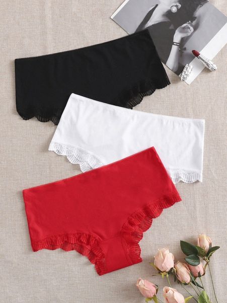 3pack plus contrast lace panty set h48s#, Black;white