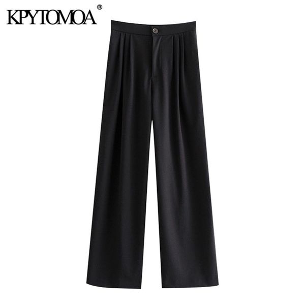 women elegant fashion office wear pleated wide leg pants high waist side pockets female trousers mujer 210420, Black;white
women elegant fashion office wear pleated wide leg pants high waist side pockets female trousers mujer 210420, Black;white
