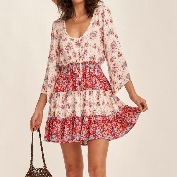 bohemia flower dress women summer u-shape neck three quater sleeve drawstring waist hipline length one piece holiday robe s l casual dress, Black;gray
bohemia flower dress women summer u-shape neck three quater sleeve drawstring waist hipline length one piece holiday robe s l casual dress, Black;gray