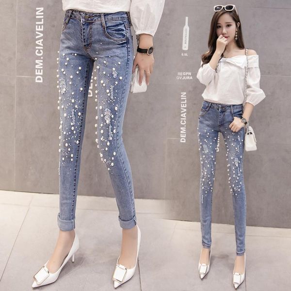 women's jeans pearl beaded casual women stretch skinny spring elastic denim zipper pants female slim long trousers, Blue
women's jeans pearl beaded casual women stretch skinny spring elastic denim zipper pants female slim long trousers, Blue